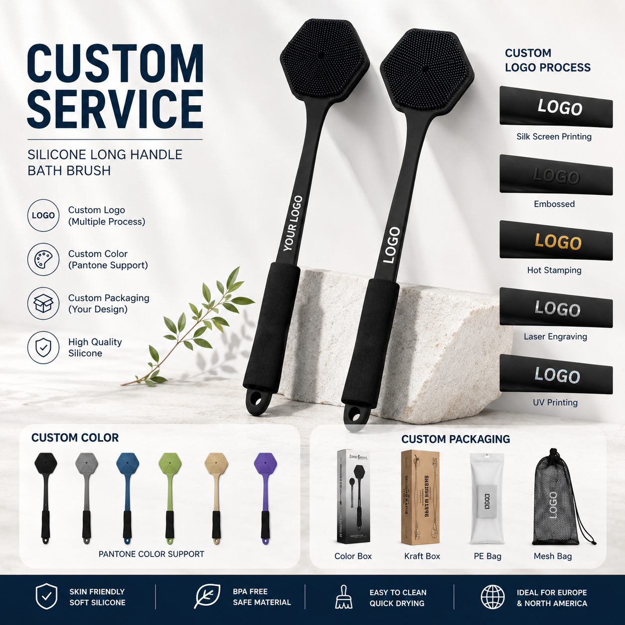 Custom Logo Double Side 14.96 Inch Exfoliation Back Shower Brush Silicone Body Scrubber Bath Body Brush With Long Handle