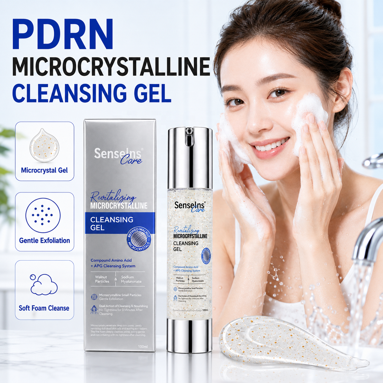 Custom Logo PDRN Gentle Exfoliating Cleansing Gel With Walnut Microcrystals Sodium Hyaluronate and Amino Acid Face Cleanser Gel