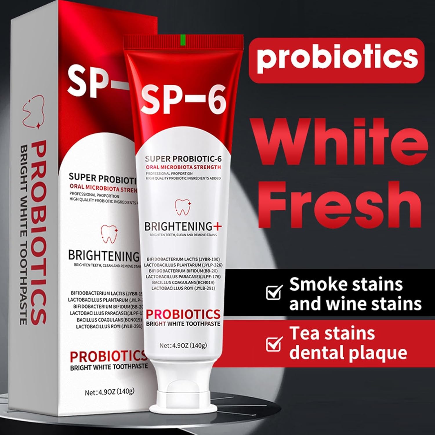 SP-6 Probiotic Brightening Chemical Toothpaste Oral Microbiome Strength Whitening for Bad Breath Stain Removal Fluoride Free