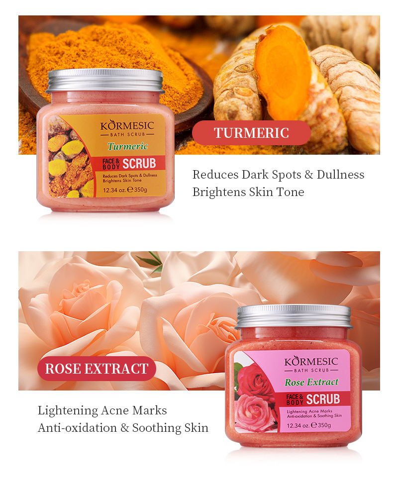 KORMESIC 350ml Private Label Body Scrub Whitening Turmeric Shea Milk with Vitamin C Herbal &amp; Hyaluronic Acid for Skin Care