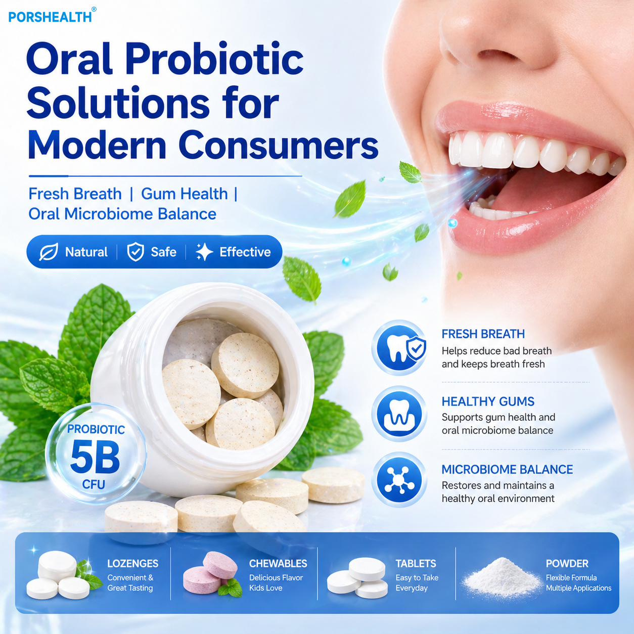 Oral Probiotic Chewable Tablets &amp; Powder OEM ODM | Fresh Breath, Gum Health &amp; Oral Microbiome Support