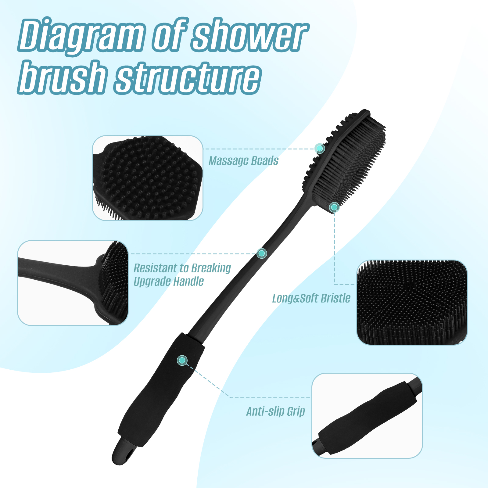 Custom Logo Double Side 14.96 Inch Exfoliation Back Shower Brush Silicone Body Scrubber Bath Body Brush With Long Handle