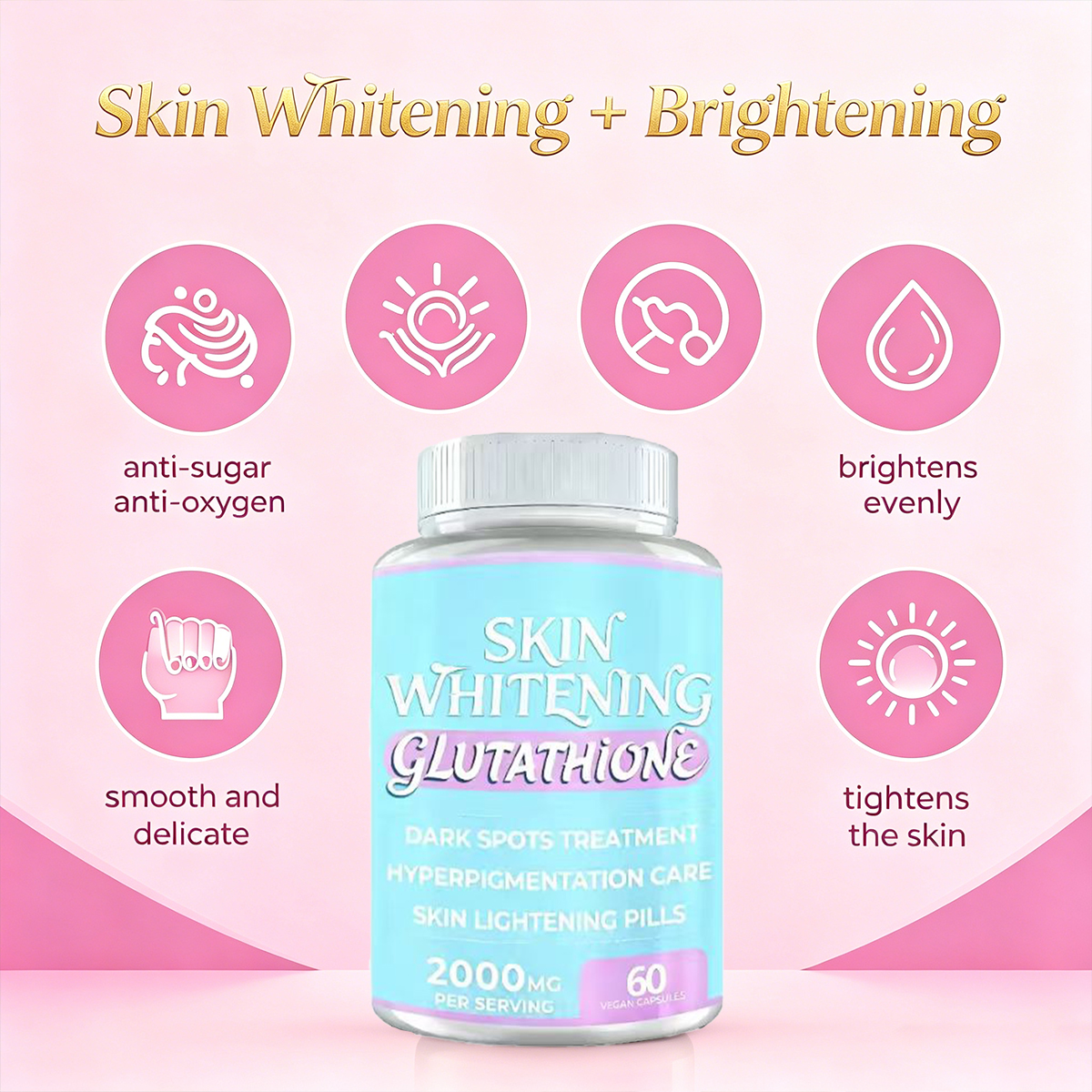 Glutathione 2000mg Skin Whitening Capsules for Skin Brightening Dark Spot Remover Hyperpigmentation Care 60 Vegan Pills