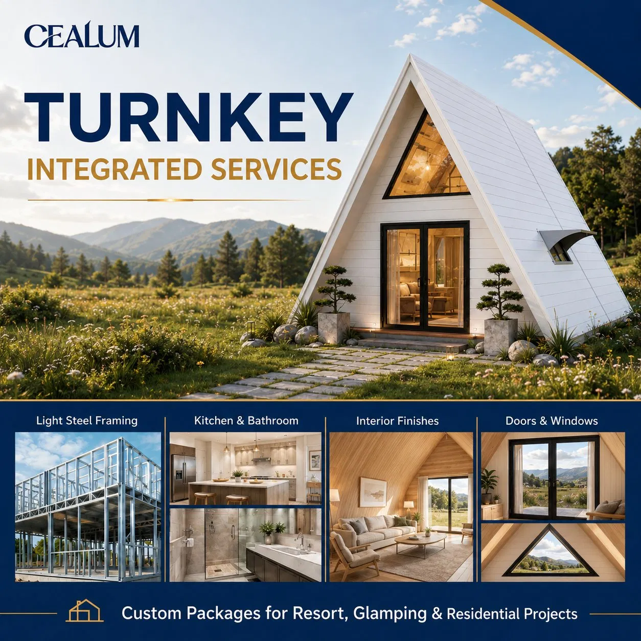 Casa Tiny a Marco Blanco Prefabricada para Vacaciones en Glamping, Casa de Huéspedes en Jardín, Alojamiento Turístico, Edificio Residencial y Comercial