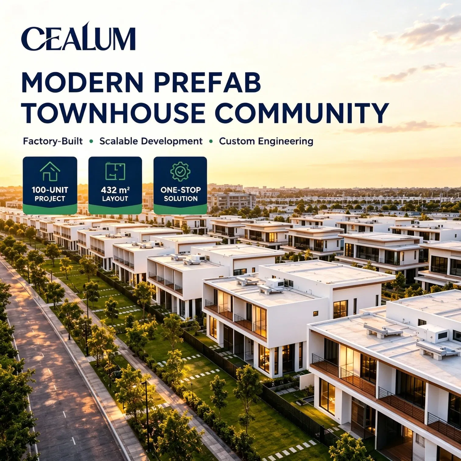 Proyecto de Comunidad de Casas Prefabricadas Cealum Modernas, 432 Casas Adosadas Prefabricadas de Acero Ligero de Dos Plantas, Escalable 100-Units Desarrollo de Vivienda Masiva Llave en Mano