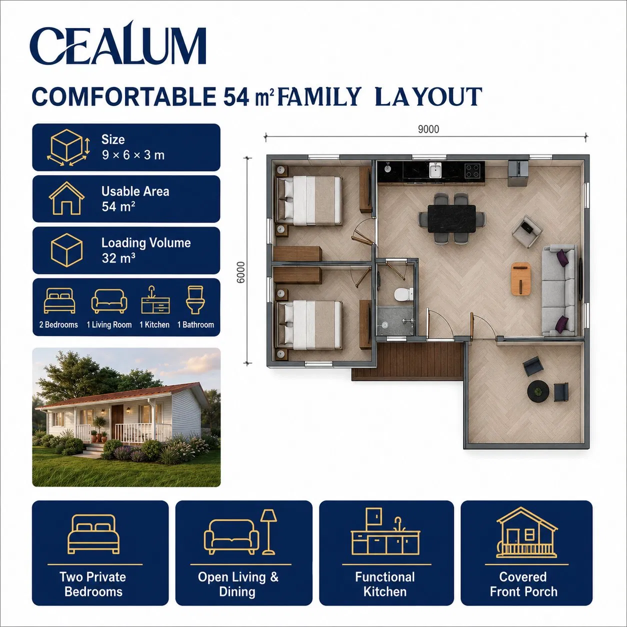 Cealum 54sqm Casa Prefabricada de Dos Habitaciones con Porche Cubierto Casa Modular de Acero Ligero para Vida Familiar, Estancias en Granjas, Proyectos de Alquiler y Resorts