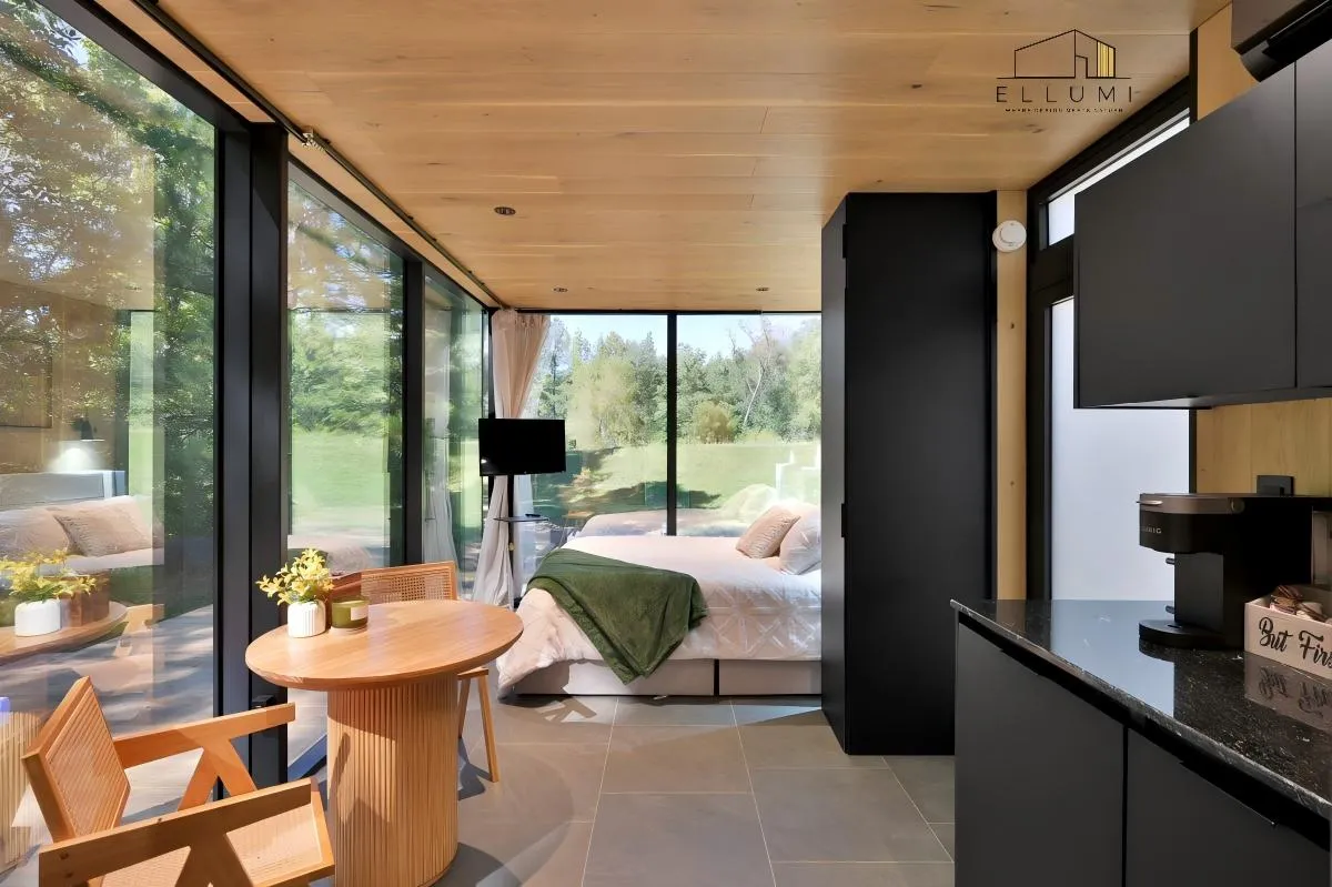 Casa Contenedor Prefabricada Modular Cabaña Pared de Vidrio Casa Pequeña Proyecto de Villa de Vacaciones