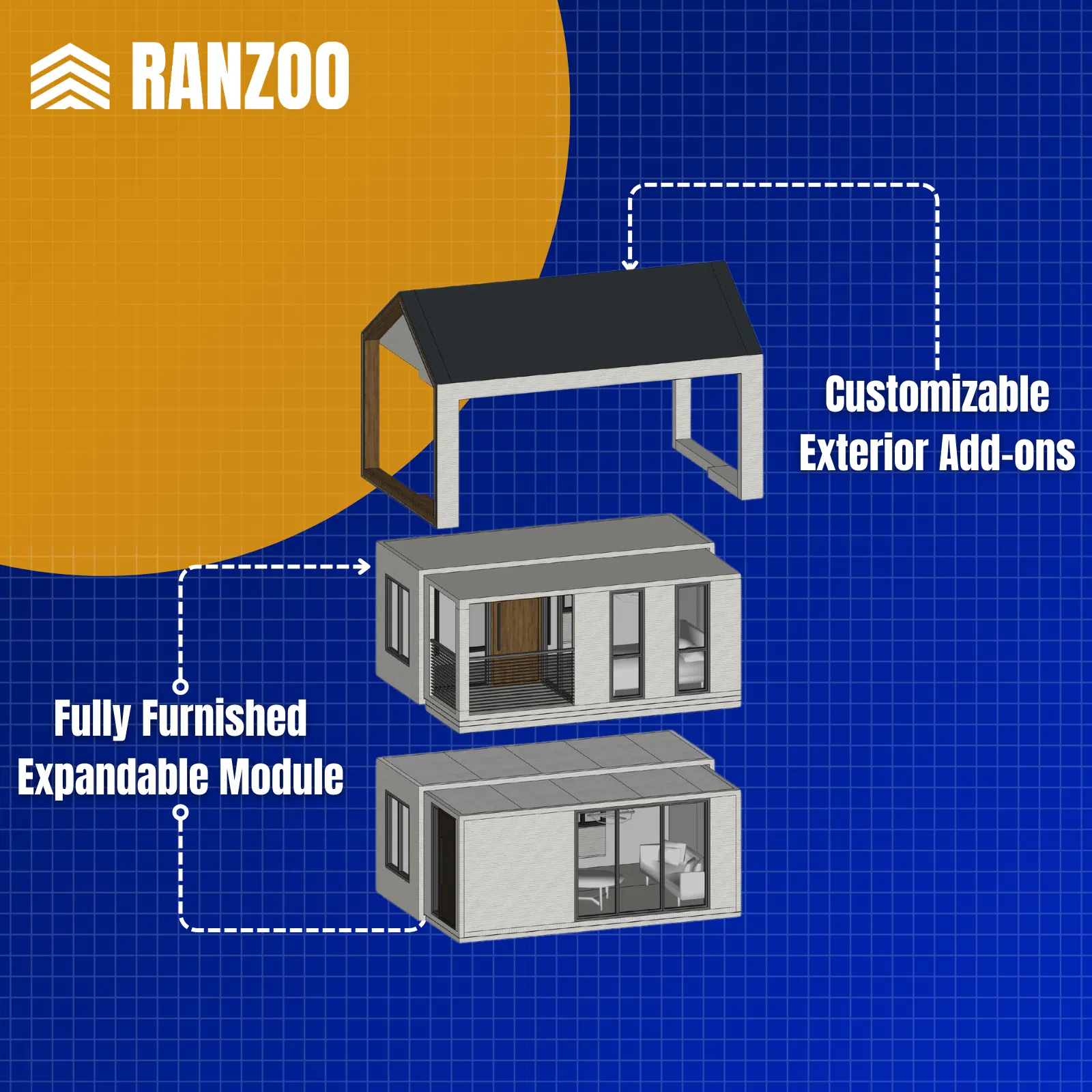 Casa portátil prefabricada Ranzoo, casa plegable inteligente con energía solar y diseño gratuito