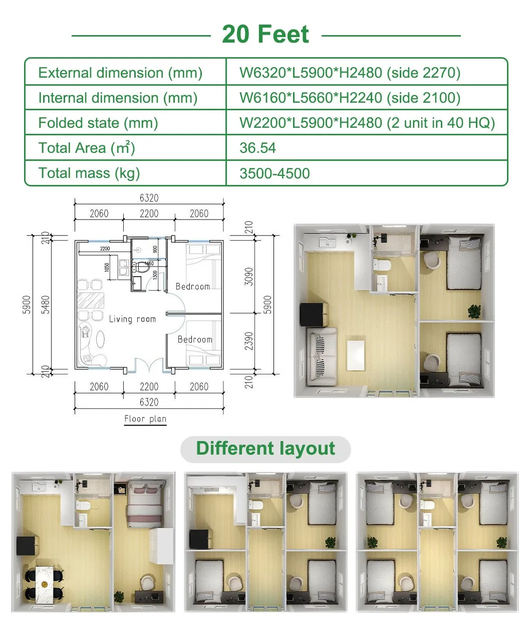40FT Habitaciones Prefabricadas Portátiles 2 Residenciales Contenedores Casas Plegables Prefabricadas para Vivir
