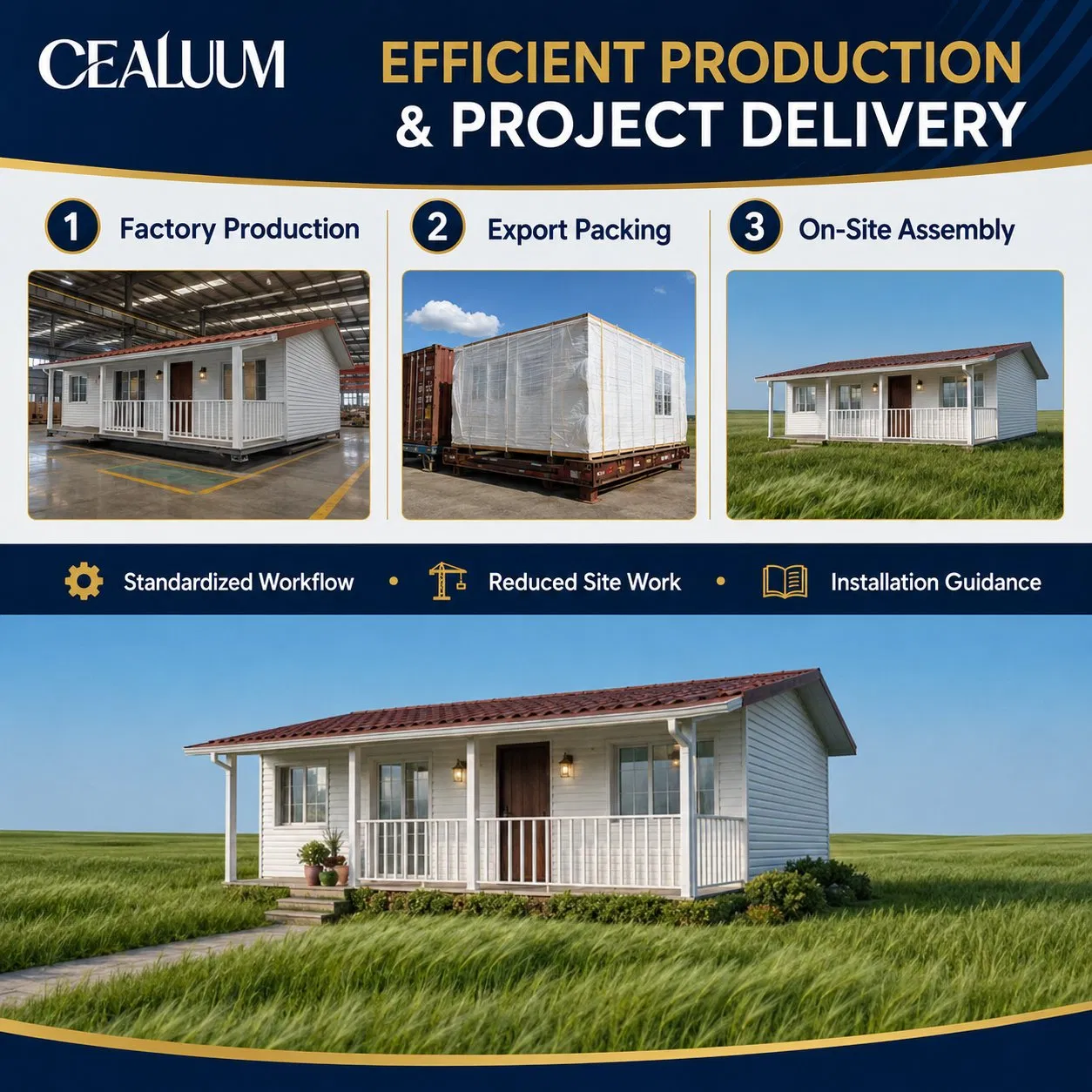 Cealum 54sqm Casa Prefabricada de Dos Habitaciones con Porche Cubierto Casa Modular de Acero Ligero para Vida Familiar, Estancias en Granjas, Proyectos de Alquiler y Resorts