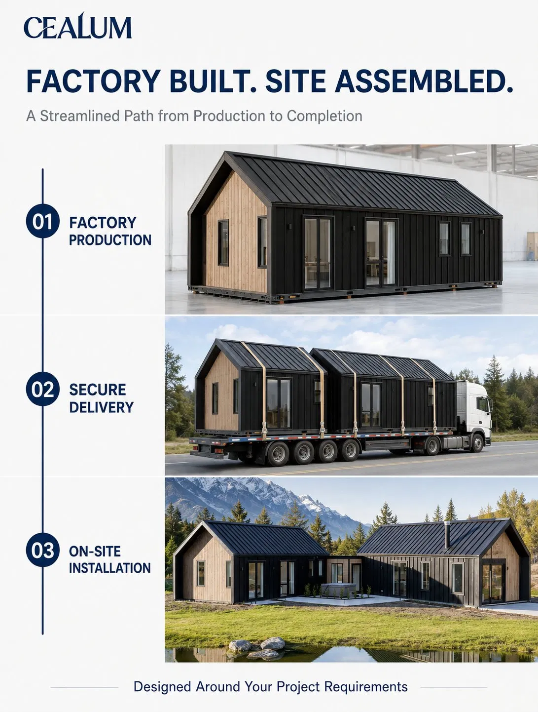 Casa modular prefabricada de fábrica, tres unidades conectadas con patio privado, diseño y decoración personalizados para proyectos de vivienda residencial