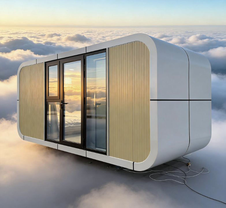 Cabañas de manzana, hogares inteligentes, unidades de vivienda prefabricadas, espacios móviles en cápsula, casas modulares de contenedores