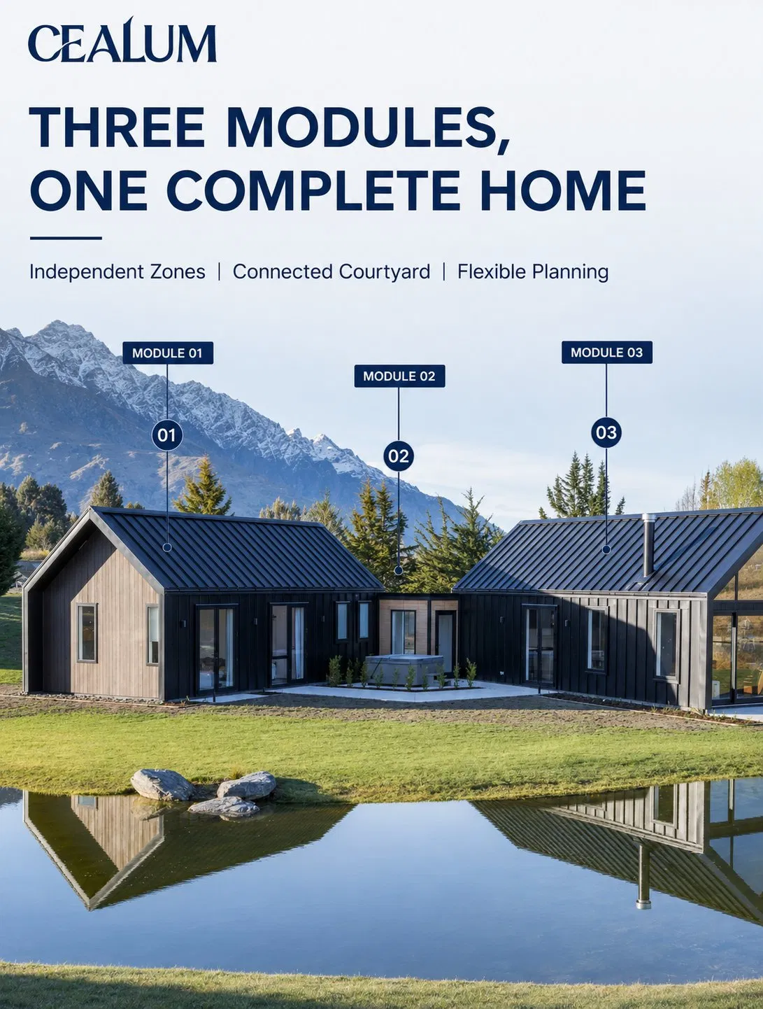 Casa modular prefabricada de fábrica, tres unidades conectadas con patio privado, diseño y decoración personalizados para proyectos de vivienda residencial
