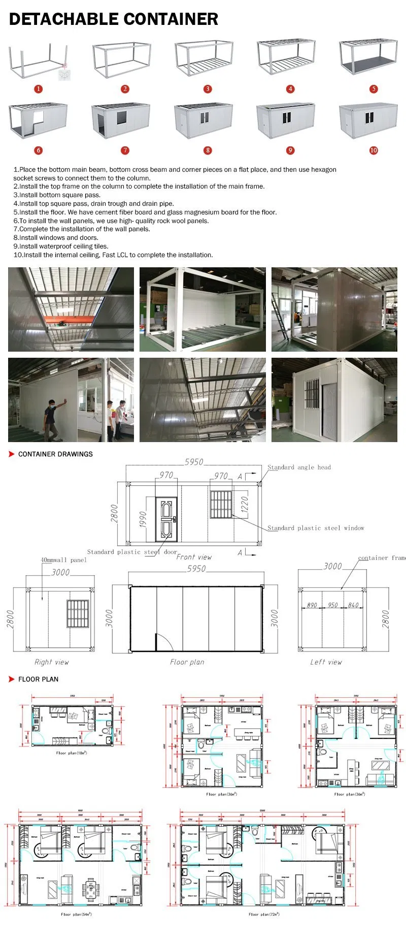 Casa residencial de bajo costo, hogar de contenedor prefabricado, casas solares