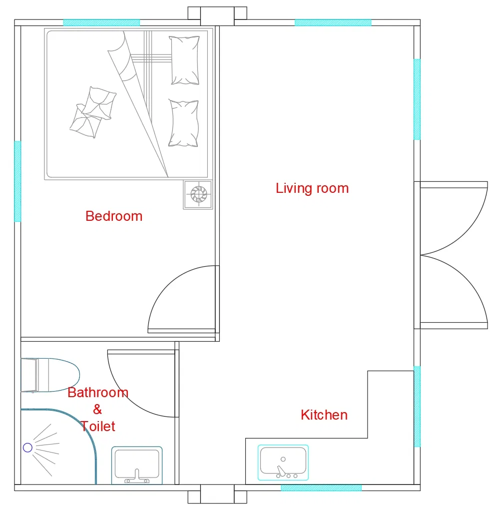 Distribución de dormitorio en contenedor expandible