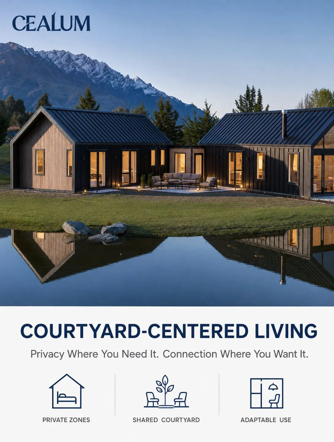 Casa modular prefabricada de fábrica, tres unidades conectadas con patio privado, diseño y decoración personalizados para proyectos de vivienda residencial