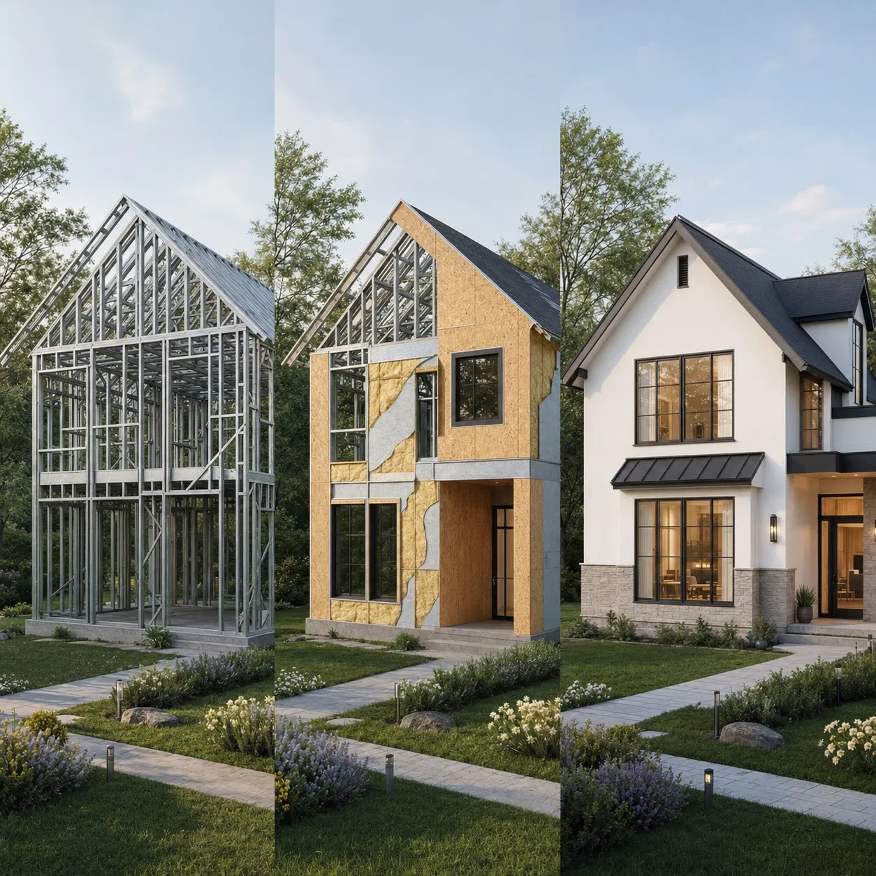 Casa modular prefabricada de fábrica, tres unidades conectadas con patio privado, diseño y decoración personalizados para proyectos de vivienda residencial