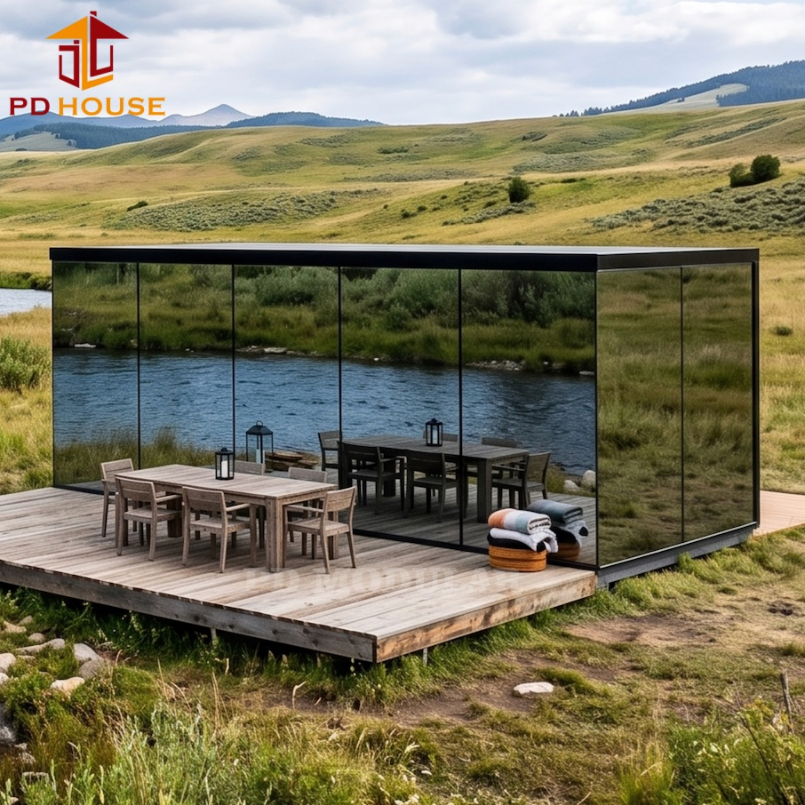Casa Contenedor Prefabricada Modular Cabaña Pared de Vidrio Casa Pequeña Proyecto de Villa de Vacaciones