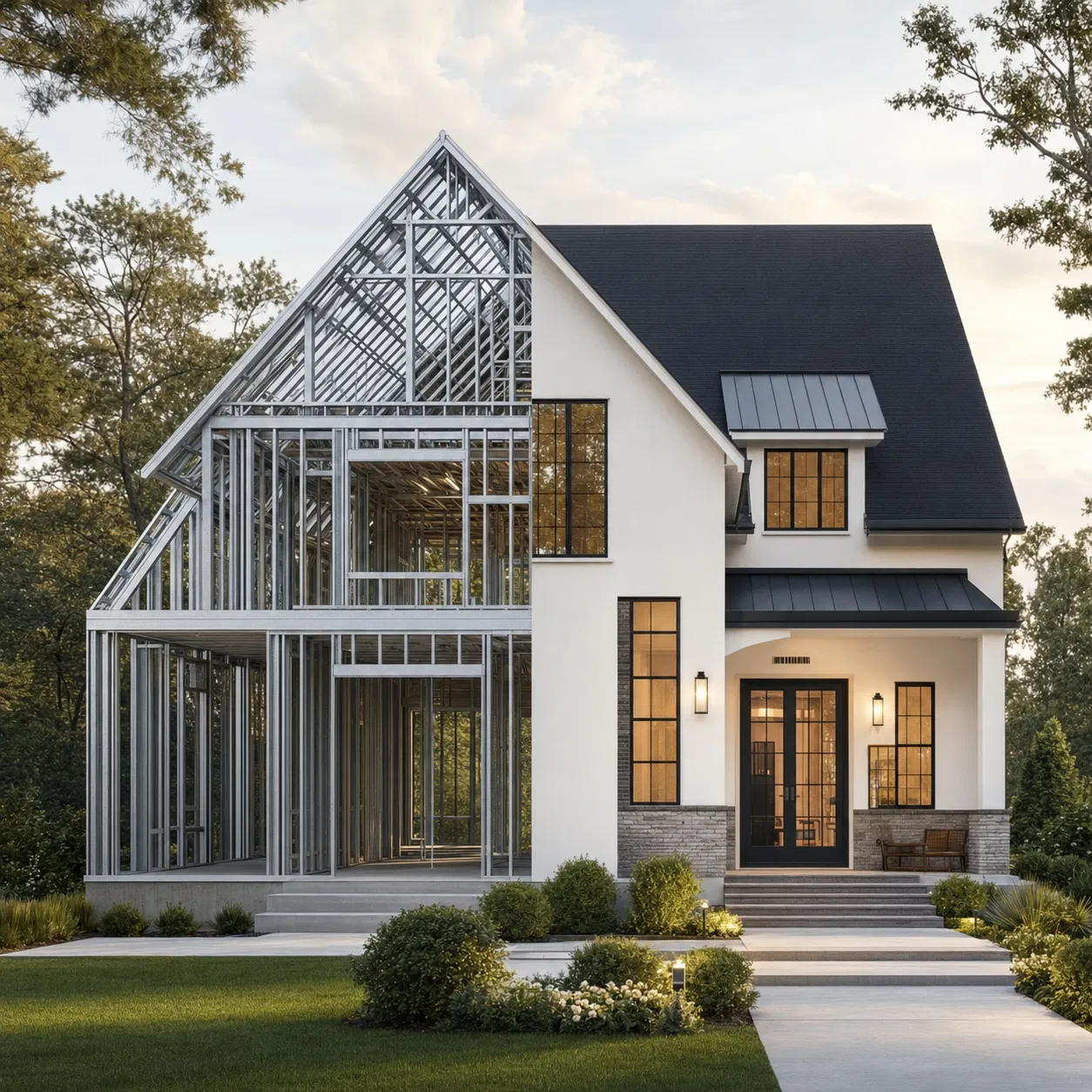 Casa modular prefabricada de fábrica, tres unidades conectadas con patio privado, diseño y decoración personalizados para proyectos de vivienda residencial