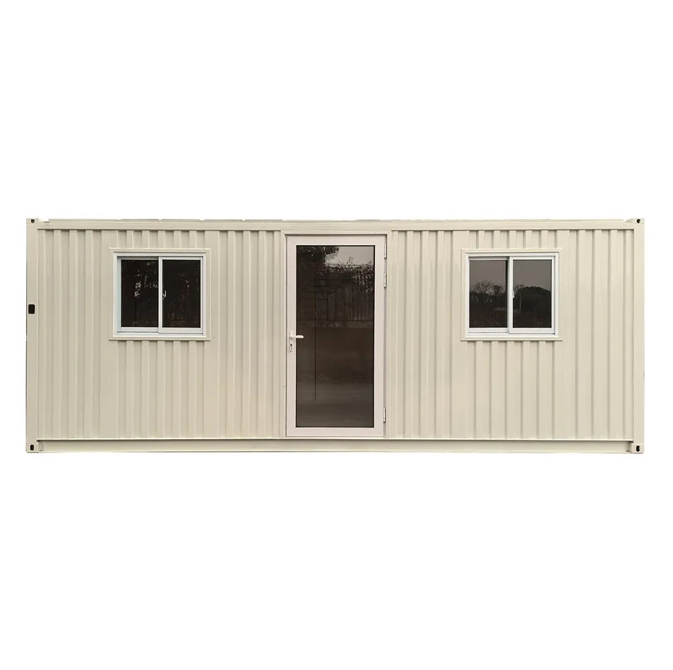 Casa contenedor segura con baño, cama y mesa de comedor