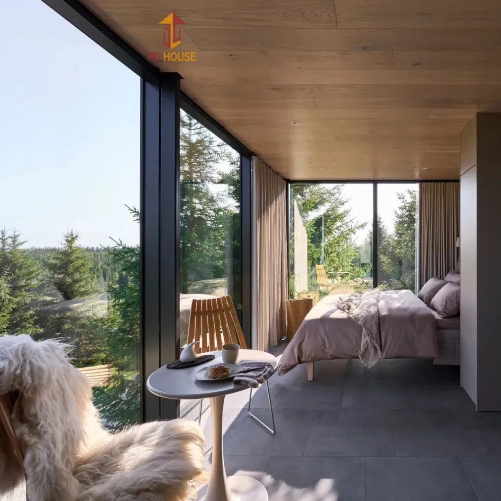 Casa Contenedor Prefabricada Modular Cabaña Pared de Vidrio Casa Pequeña Proyecto de Villa de Vacaciones