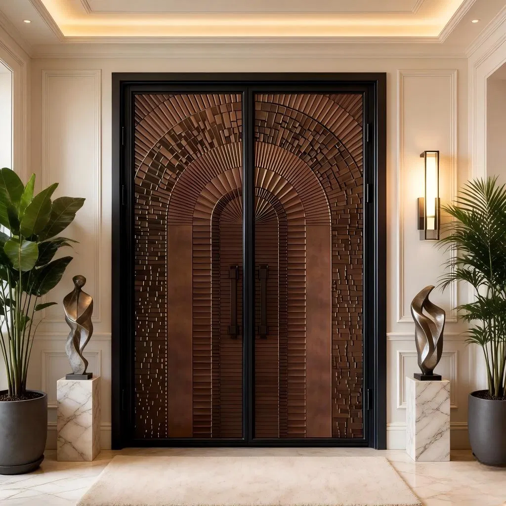 باب دخول مصمم خصيصًا من الألمنيوم لمساحة معيشة خارجية مريحة