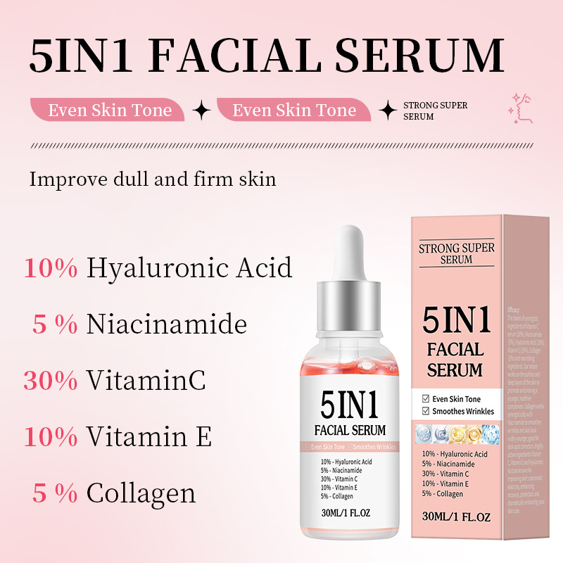 Venta Caliente 5 en 1 Suero Facial con Vitamina C, Vitamina E, Ácido Hialurónico, Niacinamida y Colágeno