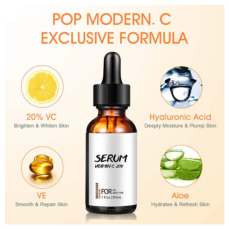 Suero Facial de Cuidado de la Piel Iluminador de Vitamina C Orgánica Pura 20%