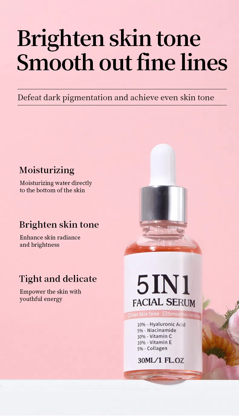 Venta Caliente 5 en 1 Suero Facial con Vitamina C, Vitamina E, Ácido Hialurónico, Niacinamida y Colágeno