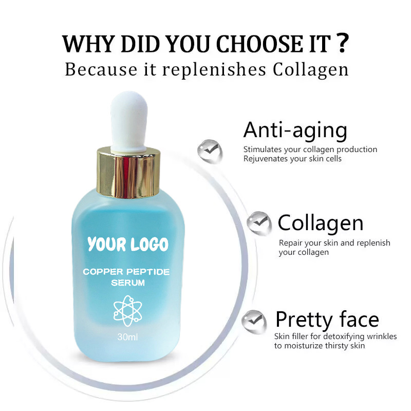 Suero de péptidos de cobre de marca privada para el rostro con ácido hialurónico reduce líneas finas y arrugas, aporta volumen y colágeno, esencia para el cuidado de la piel