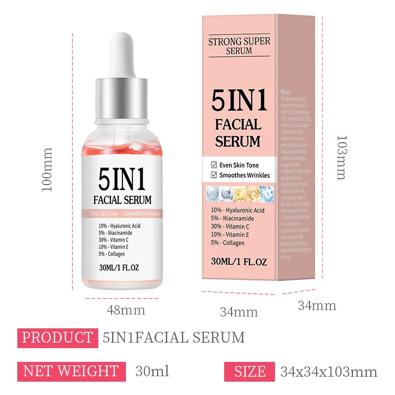 Venta Caliente 5 en 1 Suero Facial con Vitamina C, Vitamina E, Ácido Hialurónico, Niacinamida y Colágeno