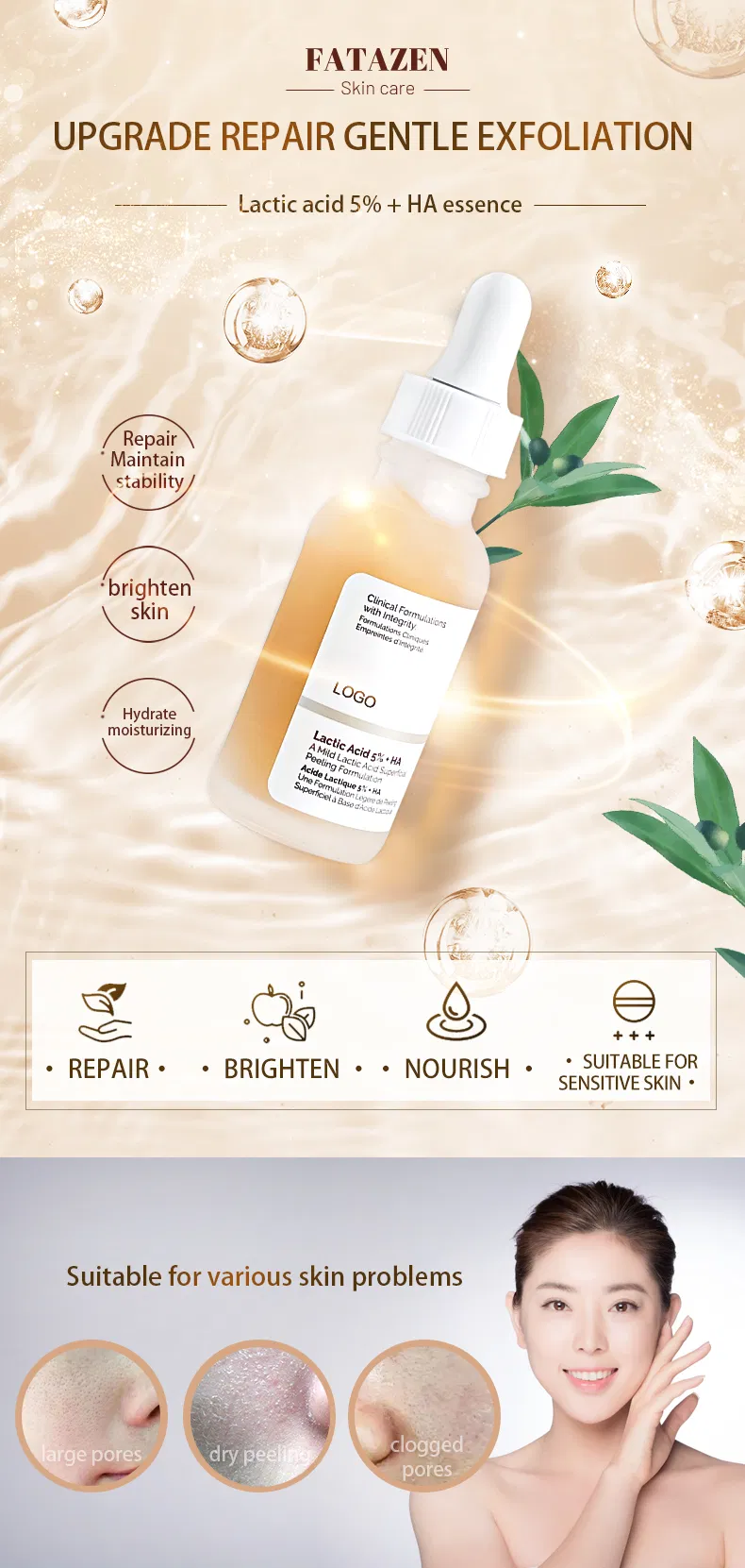 Tratamiento para el acné con ácido hialurónico, exfoliante, contracción de poros, restaurar la elasticidad de la piel, suero facial