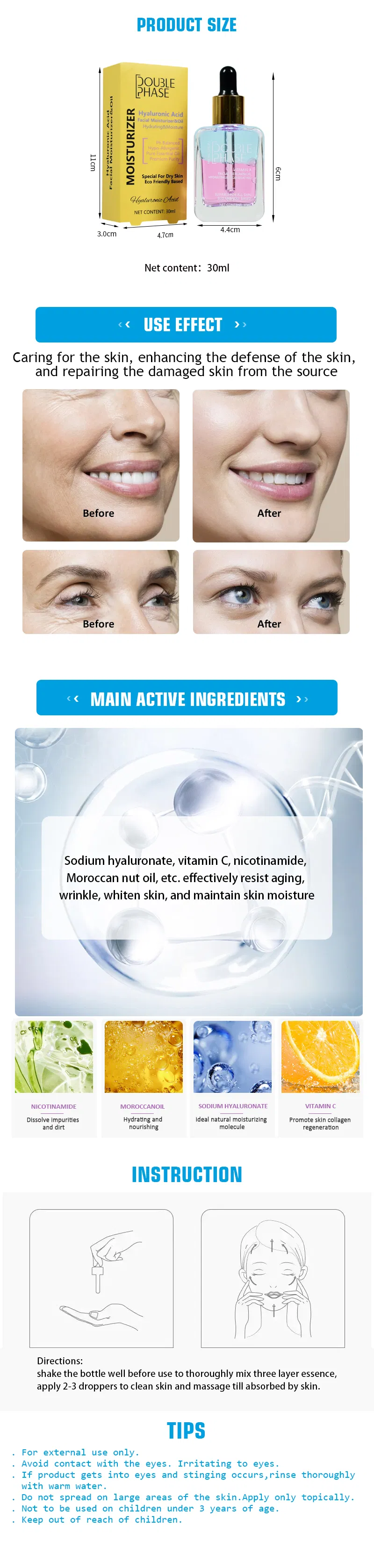 Suero facial de ácido hialurónico para el cuidado de la piel, blanqueador, natural, orgánico, suero de vitamina C de marca privada OEM