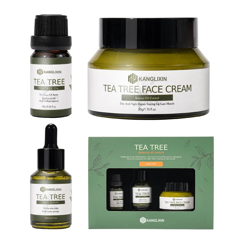 Conjunto de cuidado de la piel de crema facial de suero de aceite de árbol de té hidratante, calmante, reparador, antiacné y antienvejecimiento