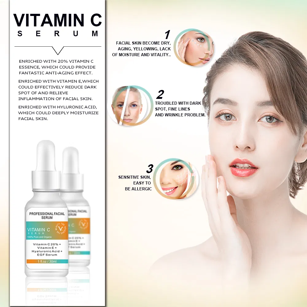 Suero Facial Natural Orgánico Vegano Aclarador Blanqueador de Ácido Hialurónico Vitamina C Cuidado de la Piel 100%