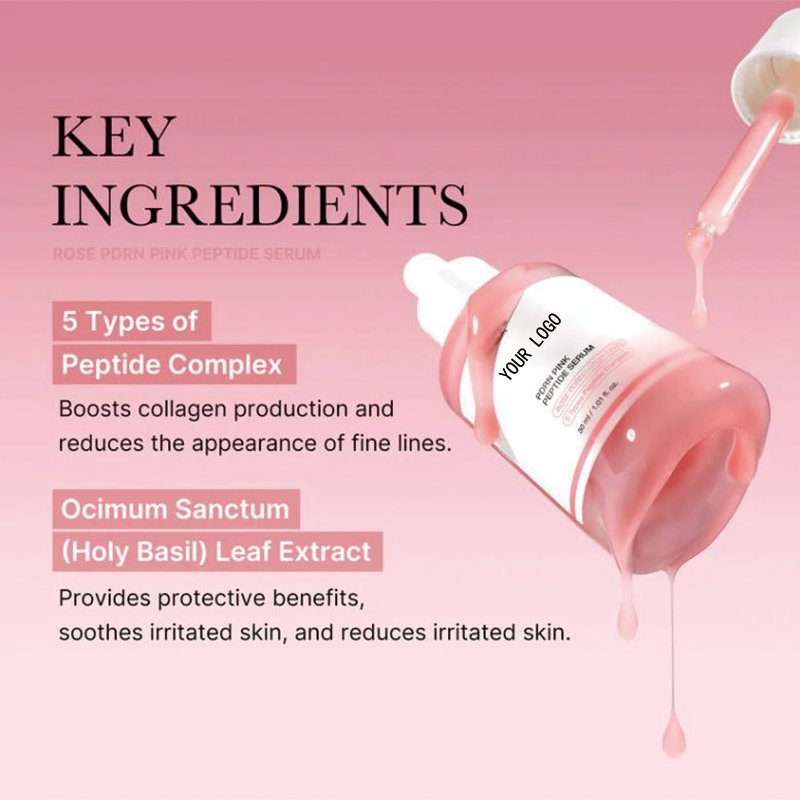 Suero de Péptidos Rosados de Cuidado de la Piel Coreano de Marca Privada, Antienvejecimiento, Firmante e Hidratante para Piel Sensible