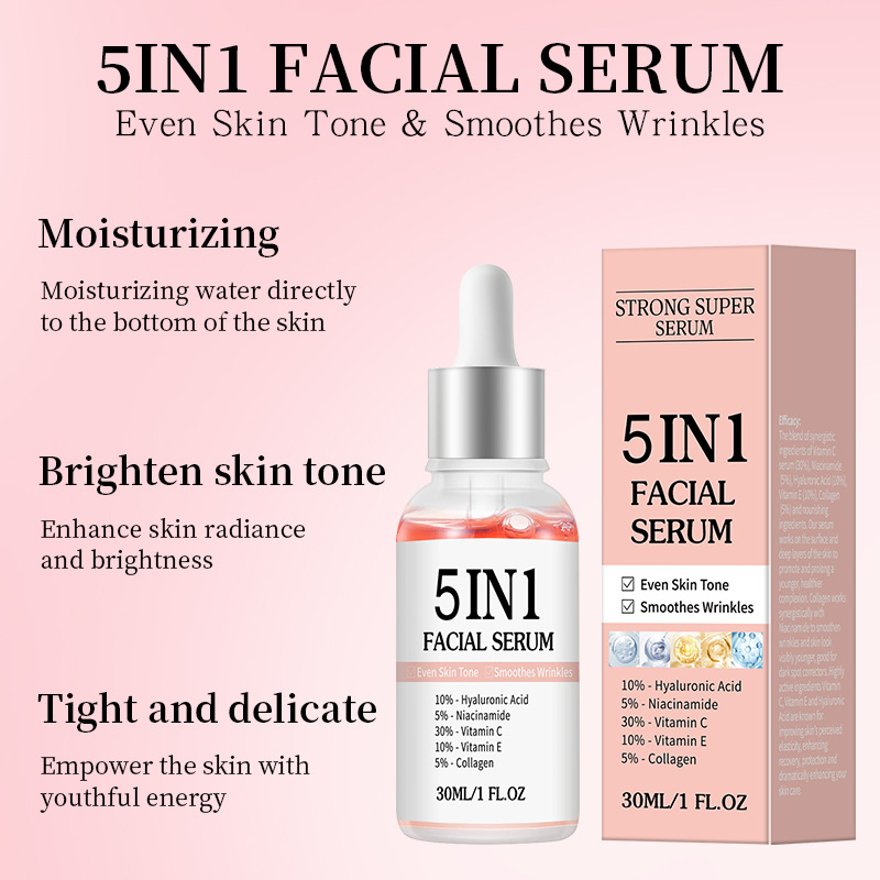 Venta Caliente 5 en 1 Suero Facial con Vitamina C, Vitamina E, Ácido Hialurónico, Niacinamida y Colágeno