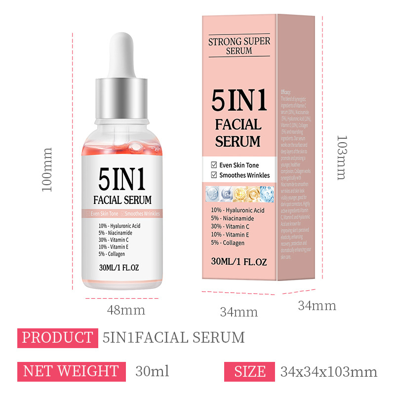 Venta Caliente 5 en 1 Suero Facial con Vitamina C, Vitamina E, Ácido Hialurónico, Niacinamida y Colágeno