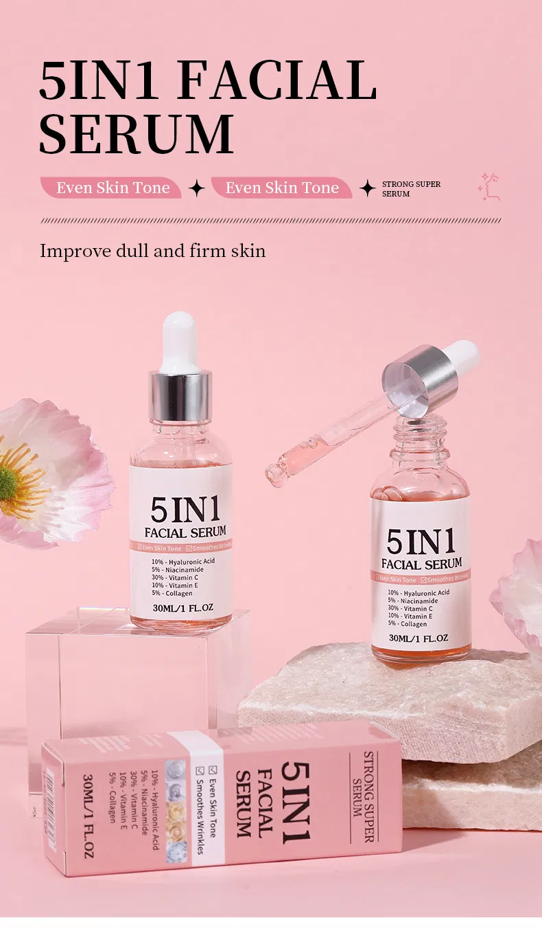 Venta Caliente 5 en 1 Suero Facial con Vitamina C, Vitamina E, Ácido Hialurónico, Niacinamida y Colágeno