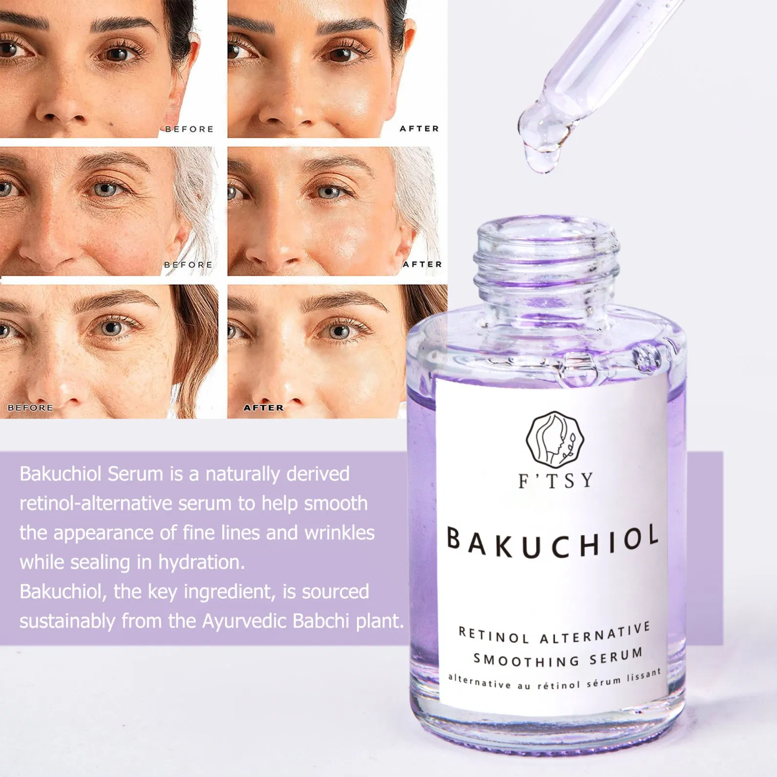 Marca de etiqueta privada cuidado facial natural vegano antienvejecimiento reducción de arrugas reafirmante suero facial de bakuchiol