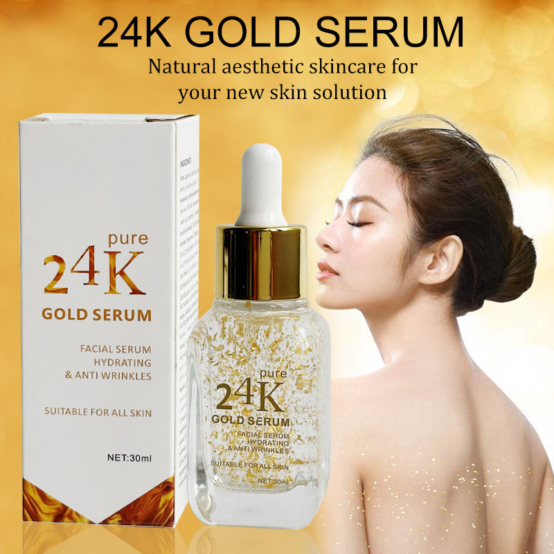 Cuidado de la piel al por mayor 24K Suero de oro, 100% Infundido con oro real, Etiqueta privada orgánica pura de oro blanqueadora, brillo, antiarrugas, antiacné, antienvejecimiento, reparación 24K Suero