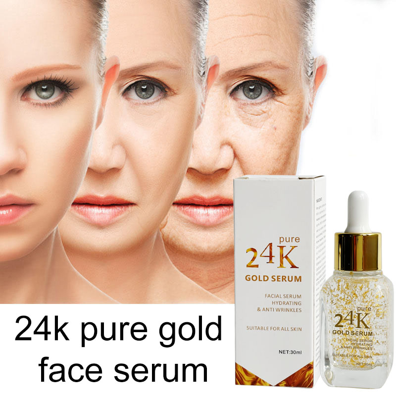 Cuidado de la piel al por mayor 24K Suero de oro, 100% Infundido con oro real, Etiqueta privada orgánica pura de oro blanqueadora, brillo, antiarrugas, antiacné, antienvejecimiento, reparación 24K Suero