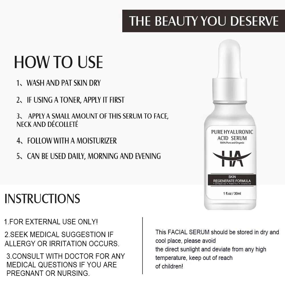 Suero facial profesional OEM / ODM de etiqueta privada para el cuidado de la piel, hidratante, blanqueador y reparador con ácido hialurónico