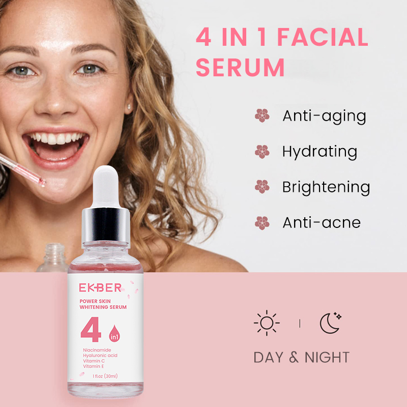 Suero Facial Orgánico Antienvejecimiento Blanqueador de Piel Ekber Wholesale Vitamina C Niacinamida Vitamina E Ha Cara 4 en 1 Suero