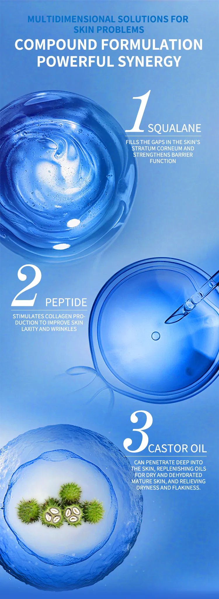 Reduce el enrojecimiento, líneas finas, suero facial de péptidos de cobre azul para piel sensible