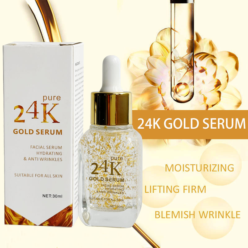 Cuidado de la piel al por mayor 24K Suero de oro, 100% Infundido con oro real, Etiqueta privada orgánica pura de oro blanqueadora, brillo, antiarrugas, antiacné, antienvejecimiento, reparación 24K Suero