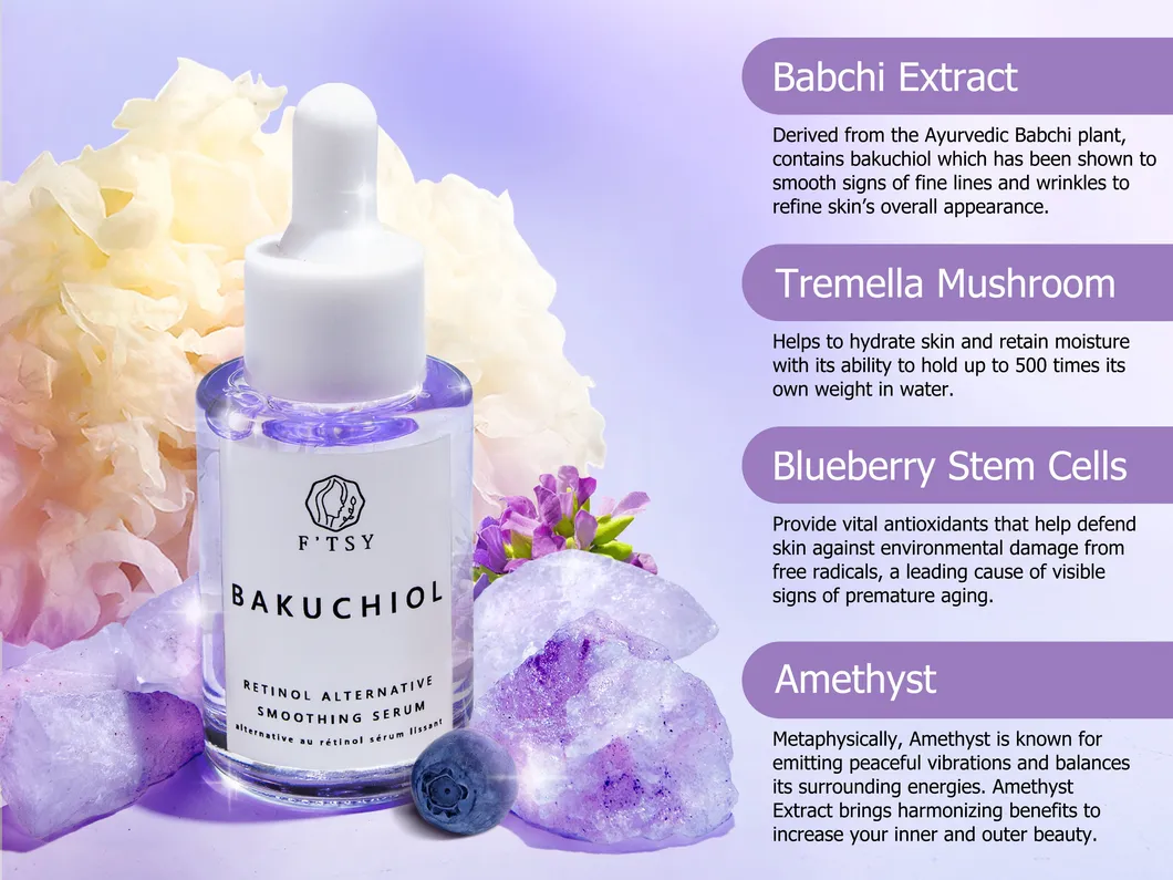 Marca de etiqueta privada cuidado facial natural vegano antienvejecimiento reducción de arrugas reafirmante suero facial de bakuchiol