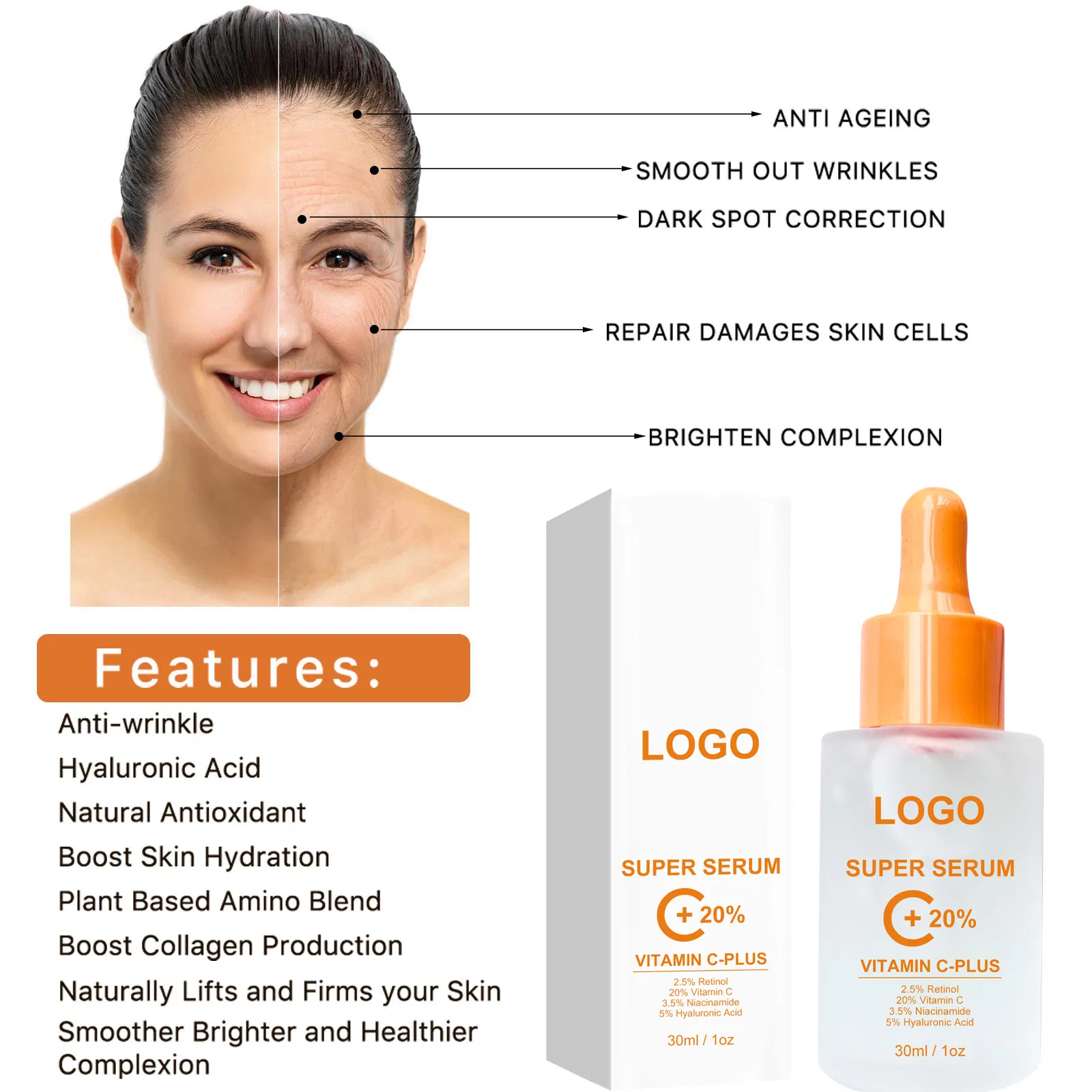Suero para el cuidado de la piel, natural, eliminación de acné y granos, esencia reparadora de aloe para el rostro, gel hidratante antienvejecimiento, suero facial de vitamina C