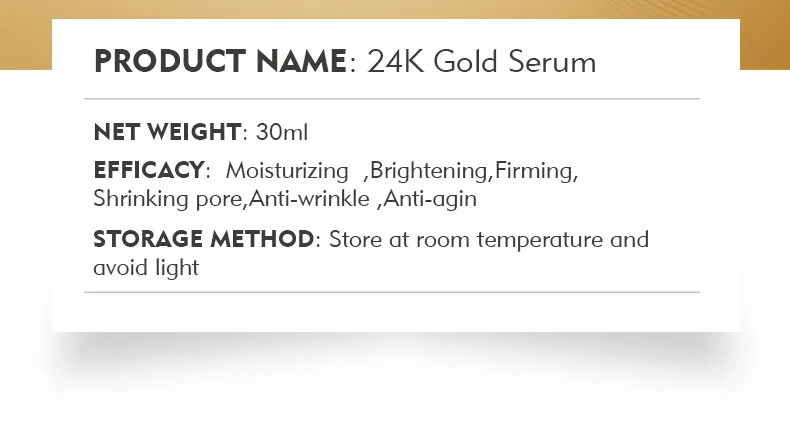 Suero Facial de Colágeno Antienvejecimiento Blanqueador de Cuidado de la Piel de Marca Privada 24K Oro