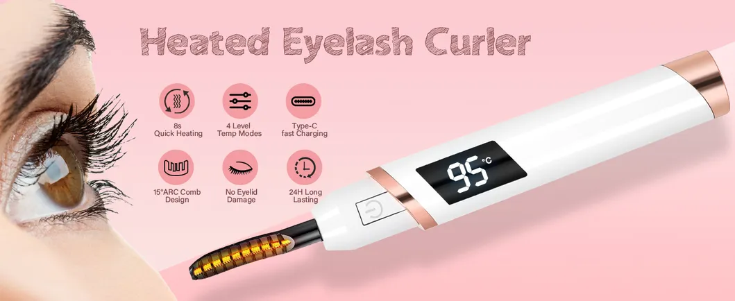 Curlador de Cílios Elétrico Aquecido Recarregável por USB-C com Aquecimento Rápido e Temperatura Ajustável